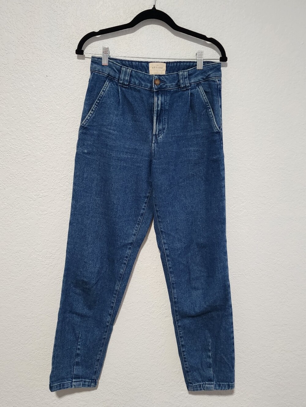 Sezane Jeans Medium Wash Pleated High Waist Tapered Demin 36 Small Relaxed Fit